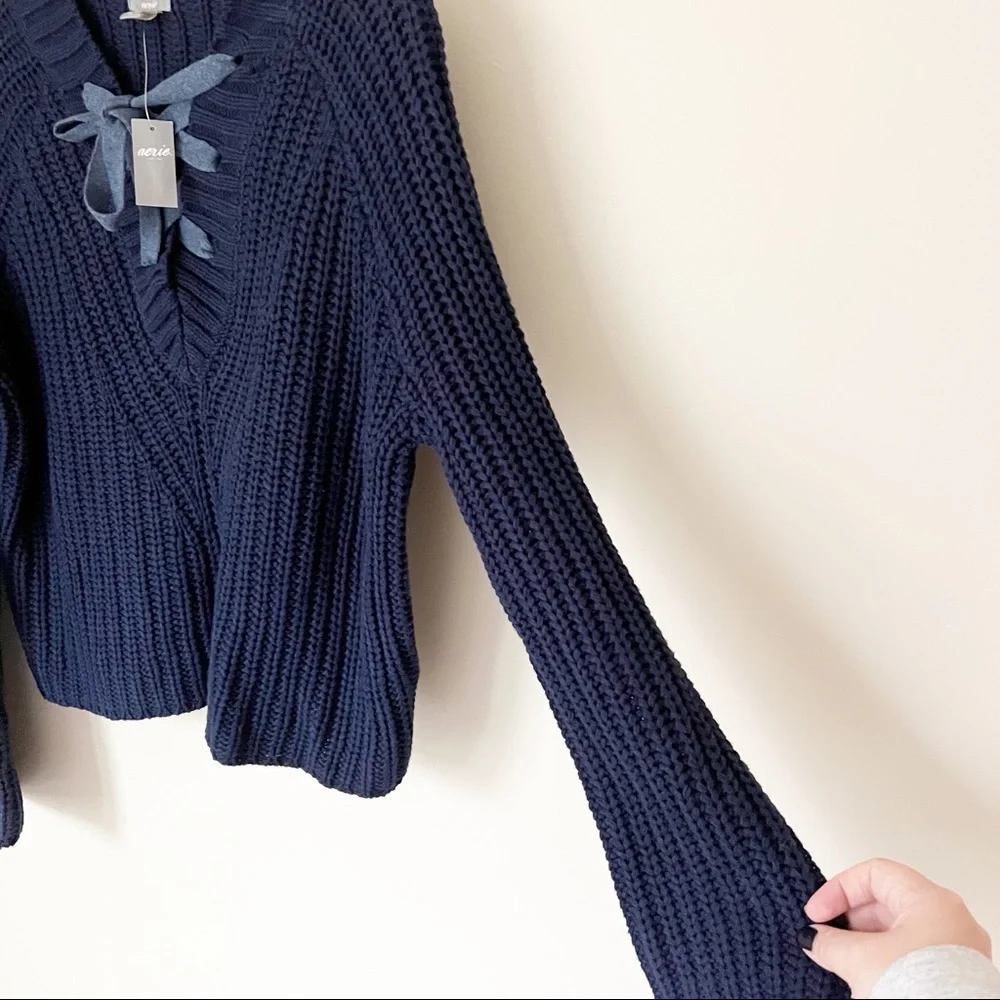 Aerie Chunky Lace Up Cable Knit Sweater Navy Blue XS NWT - Picture 3 of 7